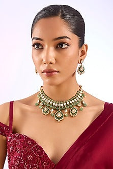 Gold Finish Kundan Polki & Green Gemstone Choker Necklace Set