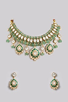 Gold Finish Kundan Polki & Green Gemstone Choker Necklace Set