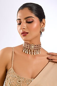 Gold Finish Ruby Red Stone & Kundan Polki Choker Necklace Set