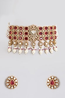 Gold Finish Ruby Red Stone & Kundan Polki Choker Necklace Set
