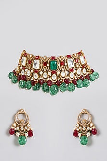 Gold Finish Kundan Stone & Green Beaded Choker Necklace Set