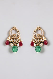Gold Finish Kundan Stone & Green Beaded Choker Necklace Set