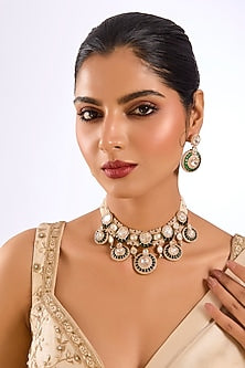 Gold Finish Kundan Stone Green Enameled Choker Necklace Set