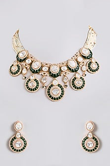 Gold Finish Kundan Stone Green Enameled Choker Necklace Set