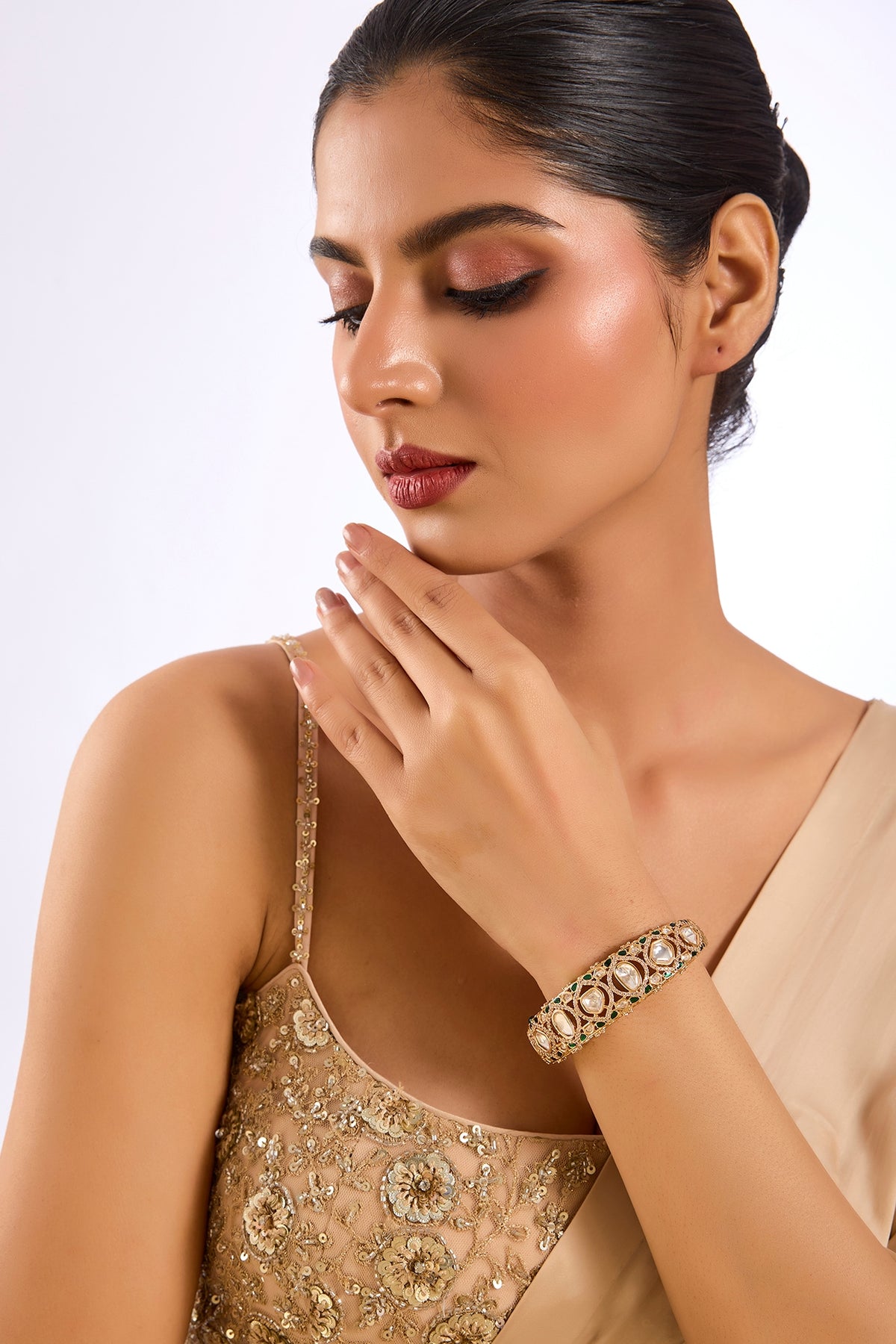 Gold Finish Floral Motif & Kundan Polki Bracelet