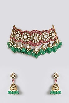 Gold Finish Ruby Red & Emerald Green Stone Choker Necklace Set