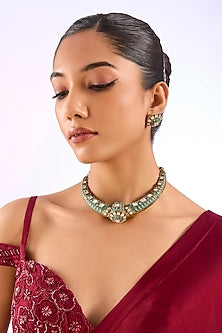 Gold Finish Kundan Polki & Mint Green Stone Choker Necklace Set