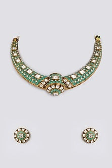 Gold Finish Kundan Polki & Mint Green Stone Choker Necklace Set