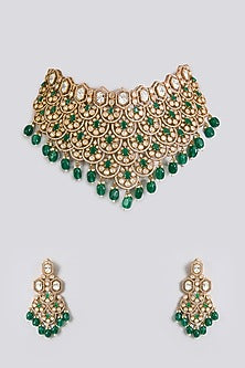 Gold Finish Kundan Polki & Emerald Green Stone Layered Choker Necklace Set