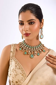 Gold Finish Kundan Polki & Aqua Blue Beaded Choker Necklace Set