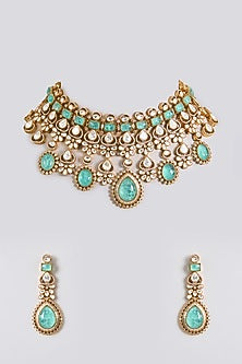 Gold Finish Kundan Polki & Aqua Blue Beaded Choker Necklace Set