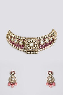 Gold Finish Kundan Polki & Pink Pearl Drop Choker Necklace Set