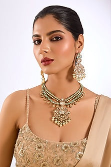 Gold Finish Kundan Polki & Green Beaded Pendant Necklace Set