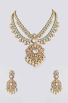 Gold Finish Kundan Polki & Green Beaded Pendant Necklace Set