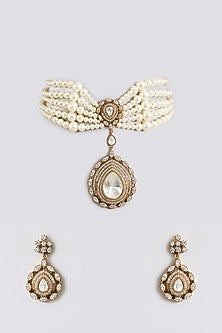 Gold Finish Kundan Polki & Pearl Choker Necklace Set