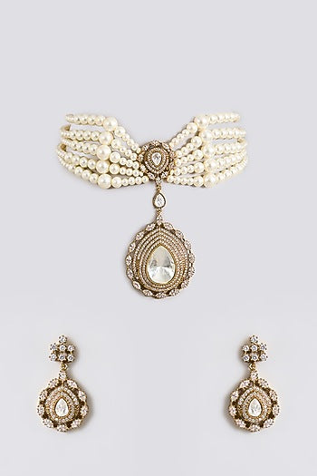Gold Finish Kundan Polki & Pearl Choker Necklace Set