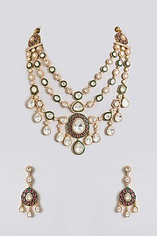 Gold Finish Kundan Polki Layered Necklace Set