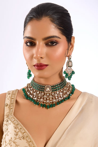 Gold Finish Kundan Polki & Emerald Green Beaded Choker Necklace Set