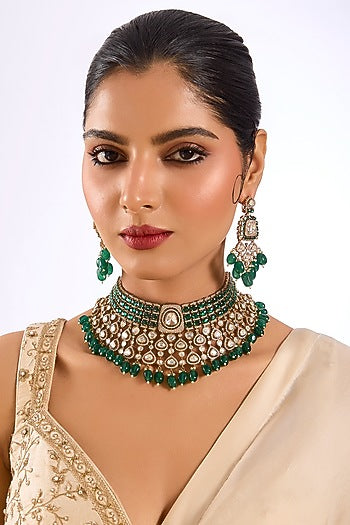 Gold Finish Kundan Polki & Emerald Green Beaded Choker Necklace Set