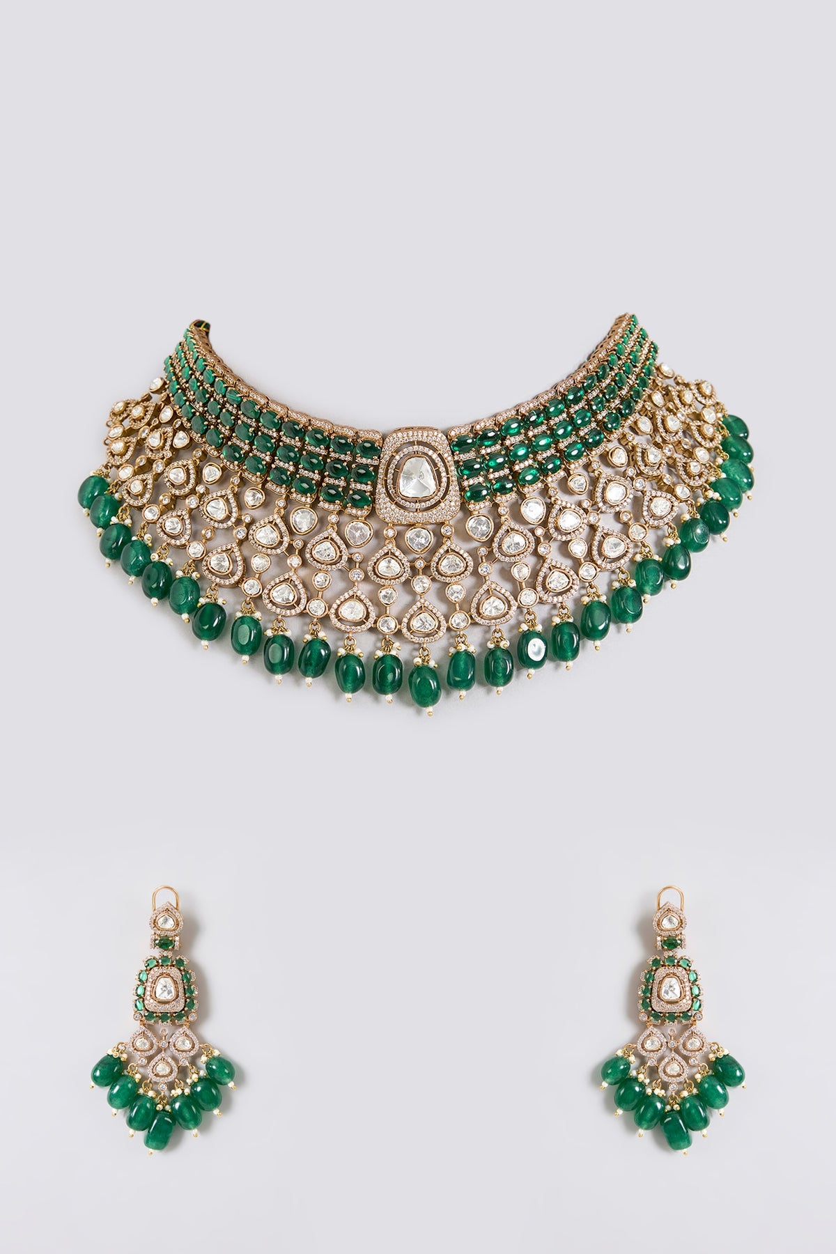 Gold Finish Kundan Polki & Emerald Green Beaded Choker Necklace Set