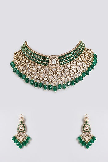 Gold Finish Kundan Polki & Emerald Green Beaded Choker Necklace Set