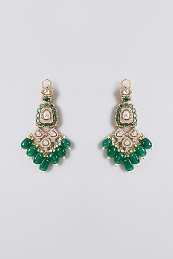 Gold Finish Kundan Polki & Emerald Green Beaded Choker Necklace Set