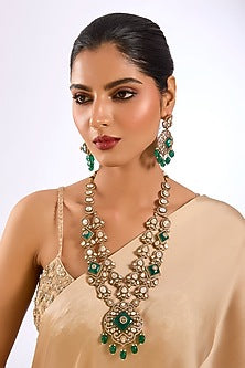 Gold Finish Kundan Polki & Emerald Green Stone Long Layered Necklace Set