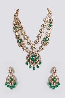 Gold Finish Kundan Polki & Emerald Green Stone Long Layered Necklace Set