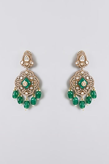 Gold Finish Kundan Polki & Emerald Green Stone Long Layered Necklace Set