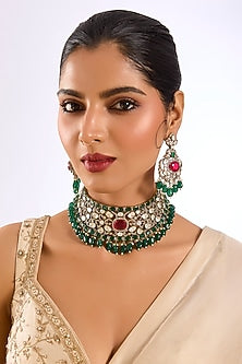 Gold Finish Hand-Set Kundan Polki & Deep Green Beaded Choker Necklace Set