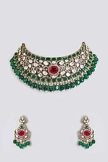 Gold Finish Hand-Set Kundan Polki & Deep Green Beaded Choker Necklace Set