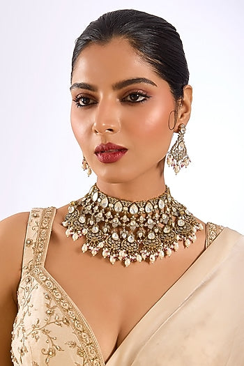 Gold Finish Kundan Polki & Soft Pink Beaded Layered Choker Necklace Set