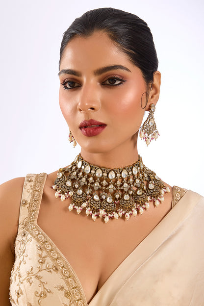 Gold Finish Kundan Polki & Soft Pink Beaded Layered Choker Necklace Set