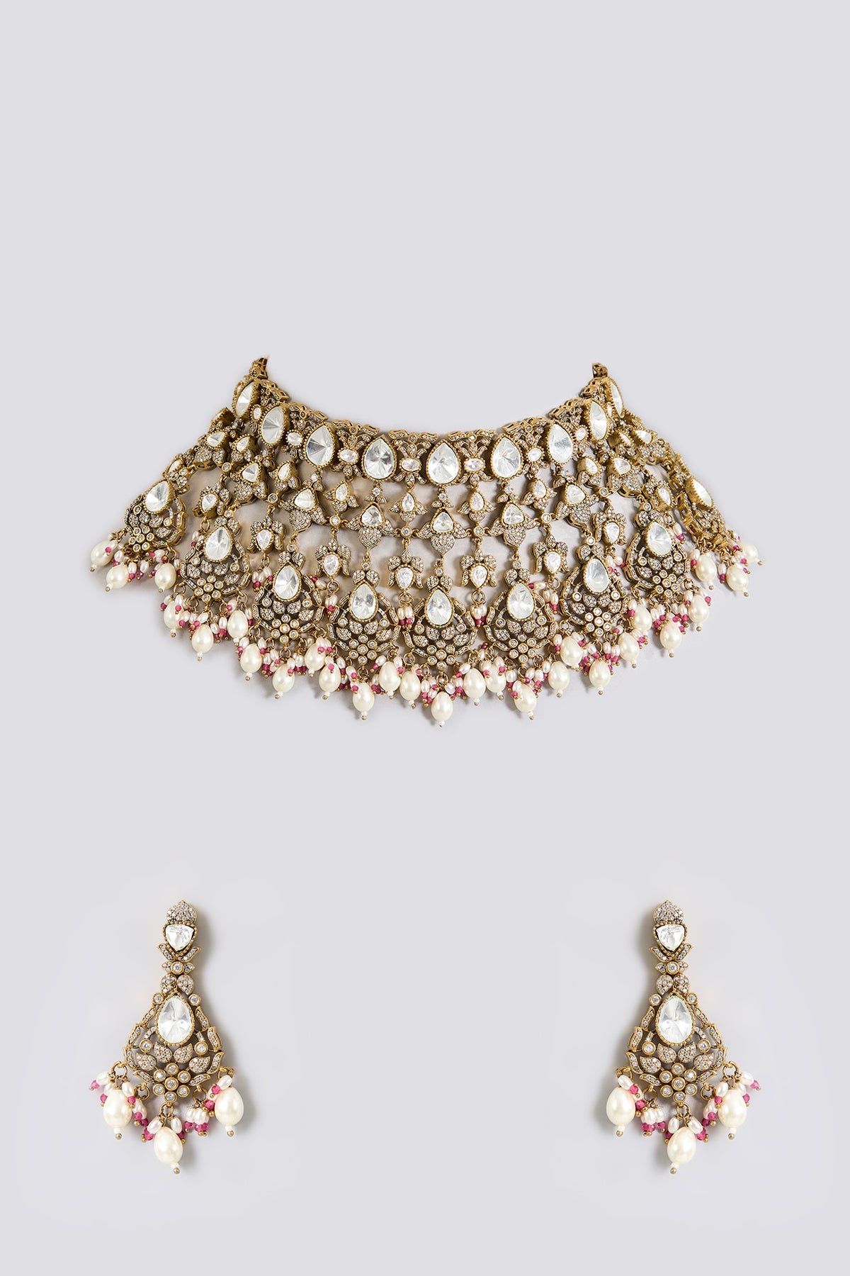 Gold Finish Kundan Polki & Soft Pink Beaded Layered Choker Necklace Set