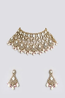 Gold Finish Kundan Polki & Soft Pink Beaded Layered Choker Necklace Set