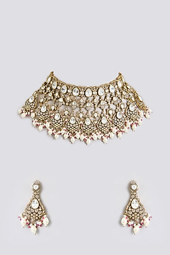 Gold Finish Kundan Polki & Soft Pink Beaded Layered Choker Necklace Set