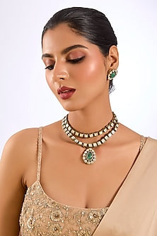 Gold Finish Kundan Polki & Emerald Drop Choker Necklace Set