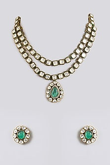 Gold Finish Kundan Polki & Emerald Drop Choker Necklace Set