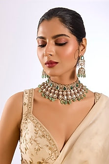 Gold Finish Kundan Polki & Soft Green Drop Choker Necklace Set