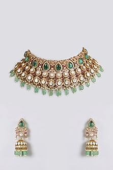 Gold Finish Kundan Polki & Soft Green Drop Choker Necklace Set
