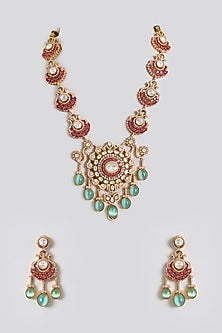 Gold Finish Kundan Polki & Ruby Drop Necklace Set