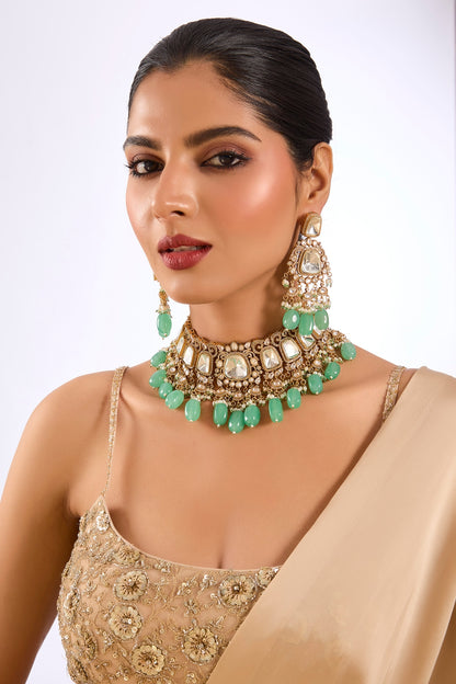 Gold Finish Kundan Polki & Mint Green Beaded Choker Necklace Set