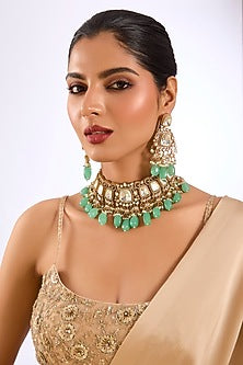 Gold Finish Kundan Polki & Mint Green Beaded Choker Necklace Set