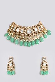 Gold Finish Kundan Polki & Mint Green Beaded Choker Necklace Set