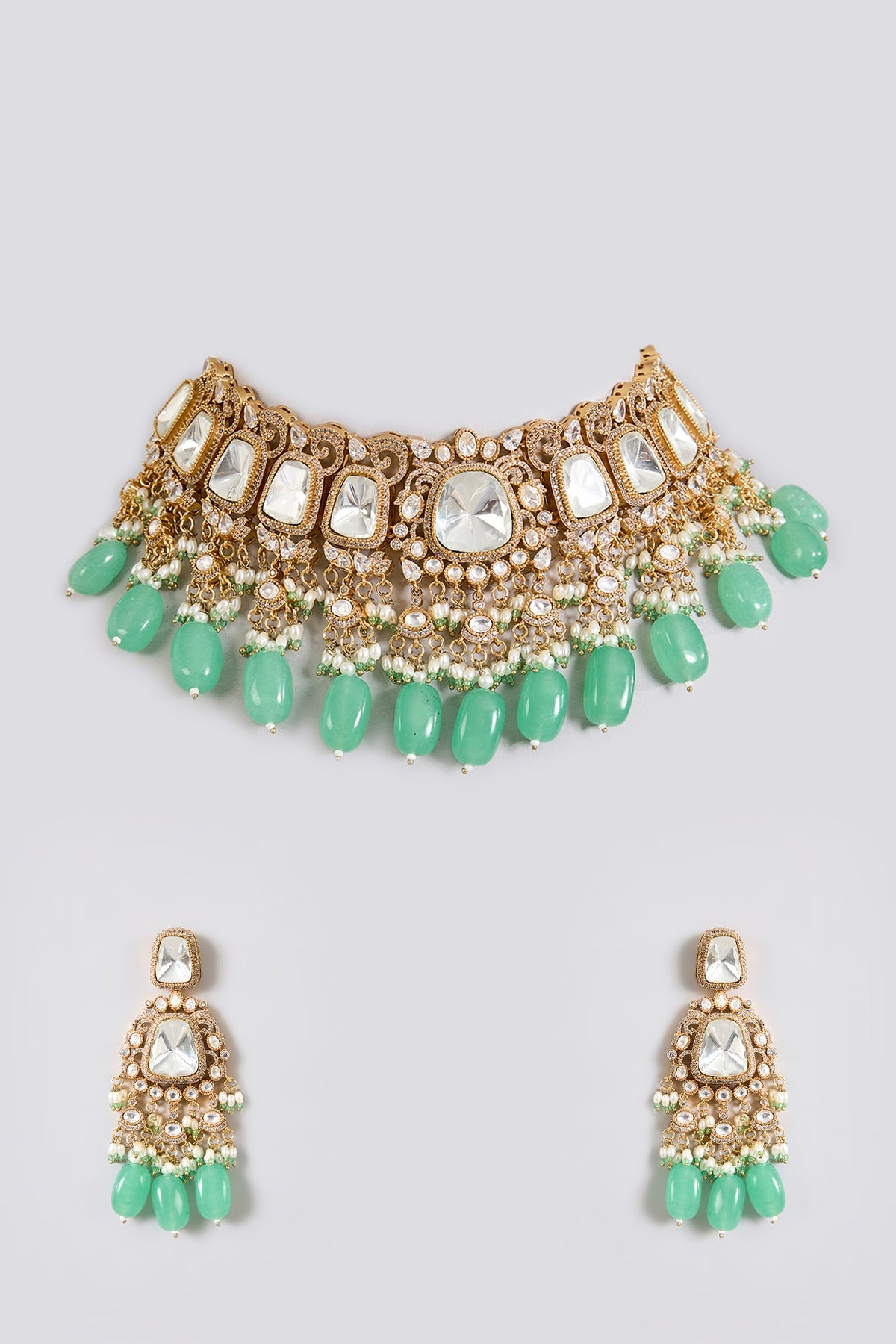 Gold Finish Kundan Polki & Mint Green Beaded Choker Necklace Set