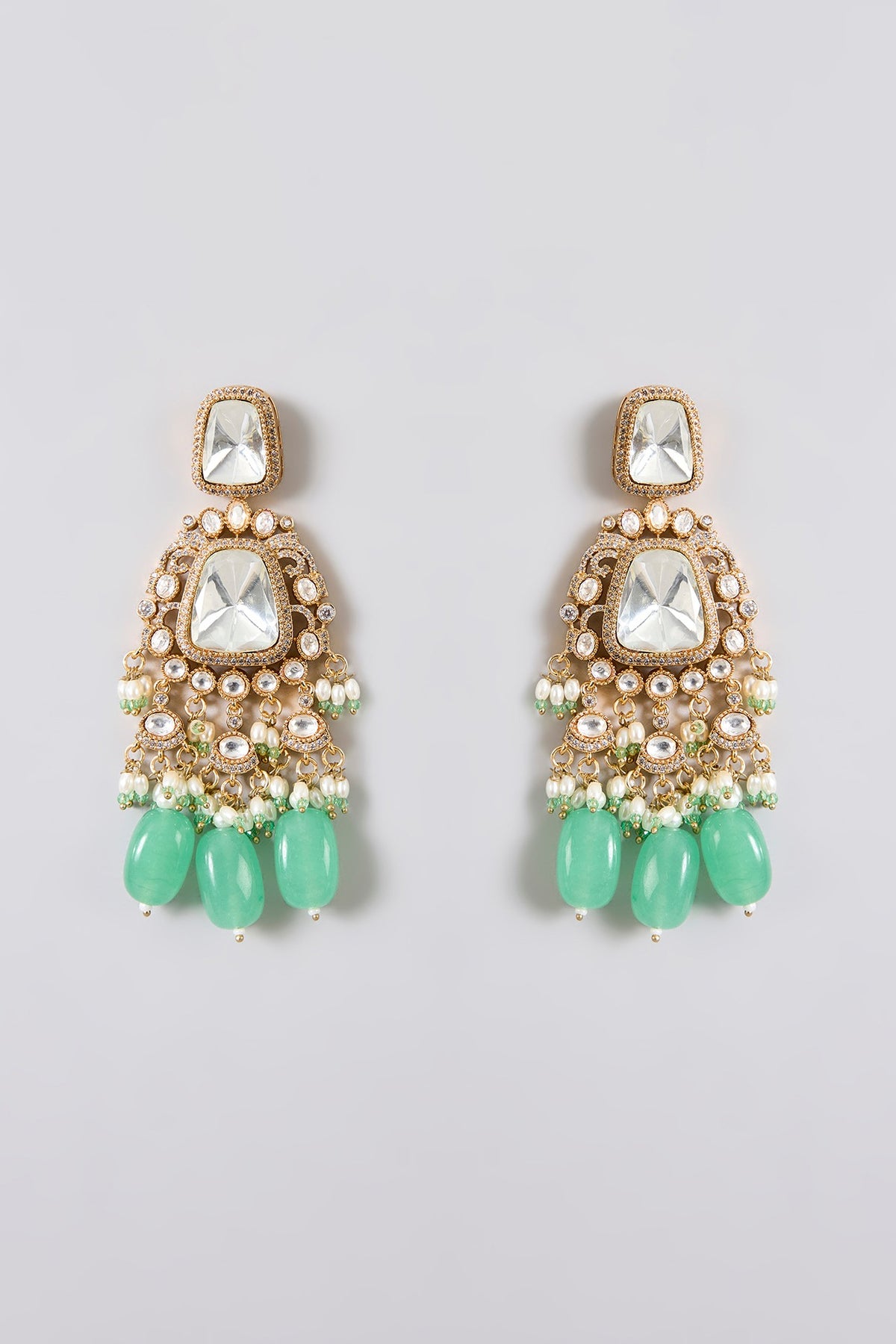 Gold Finish Kundan Polki & Mint Green Beaded Choker Necklace Set