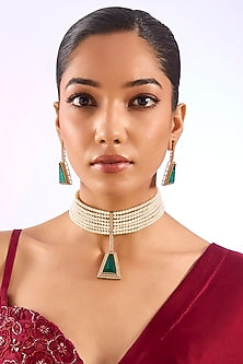 Gold Finish Pearl & Emerald Drop Choker Pendant Necklace Set