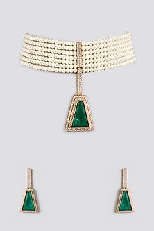 Gold Finish Pearl & Emerald Drop Choker Pendant Necklace Set