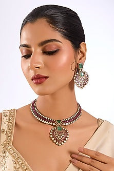 Gold Finish Kundan Polki & Ruby Stone Pendant Necklace Set