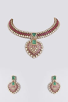 Gold Finish Kundan Polki & Ruby Stone Pendant Necklace Set